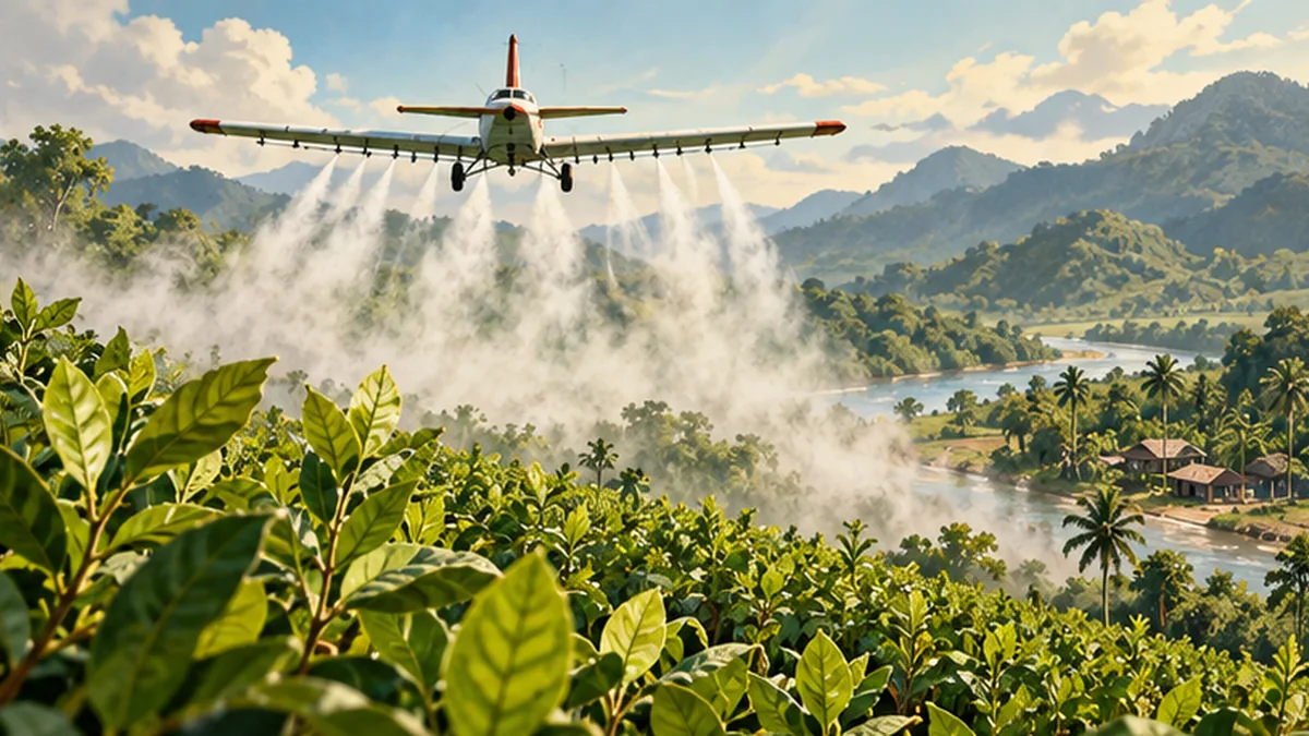 Ilustración editorial relacionada con: EL GOBIERNO DE COLOMBIA INTENTA RETOMAR EL CONTROL DE LOS CULTIVOS DE COCA A TRAVÉS DE ASPERCIONES AÉREAS CON GLUFOSINATO DE AMONIO