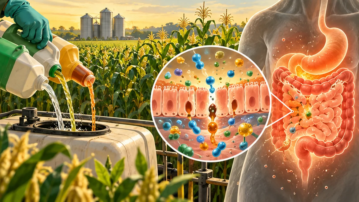 Ilustración editorial relacionada con: NUEVOS ESTUDIOS REVELAN QUE PESTICIDAS COMUNES DAÑAN EL ADN DE LAS CÉLULAS INTESTINALES HUMANAS, INCLUSO A DOSIS MUY BAJAS